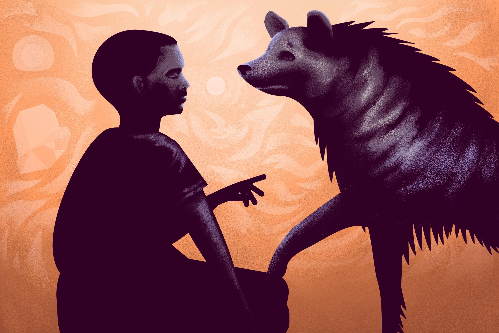 A child and hyena stand beside each other staring into each other's eyes.
