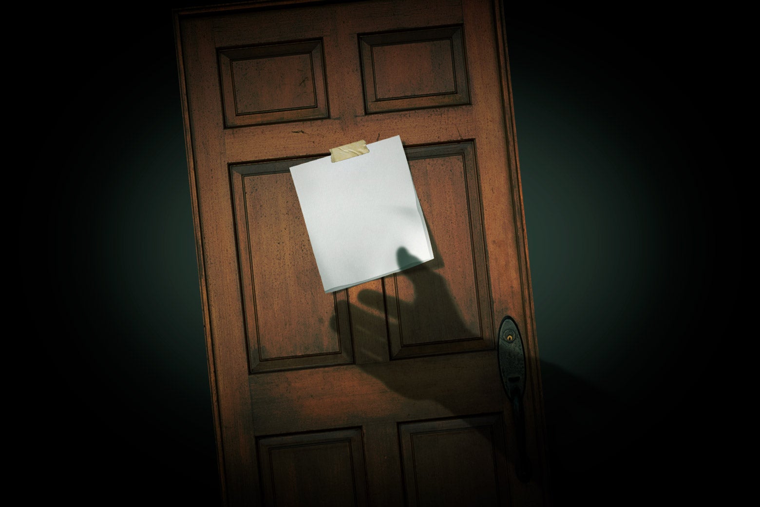 A letter is taped to a closed wooden door. A shadow of a hand reaches for it.