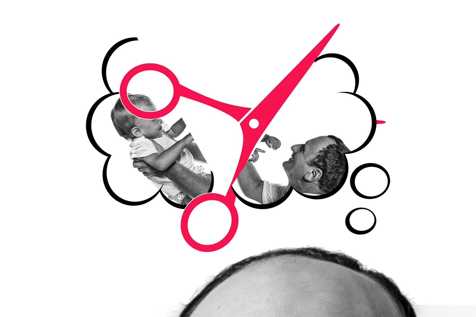 Thought bubble over a man's head. The thought bubble has an image of a baby and dad being torn apart by scissors.