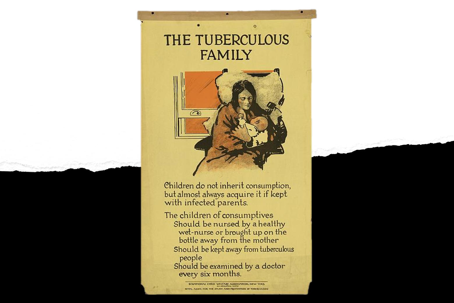 An old flyer headed with the text "The Tuberculosis Family," featuring a drawing of a mother and her baby near a window as well as text about children.