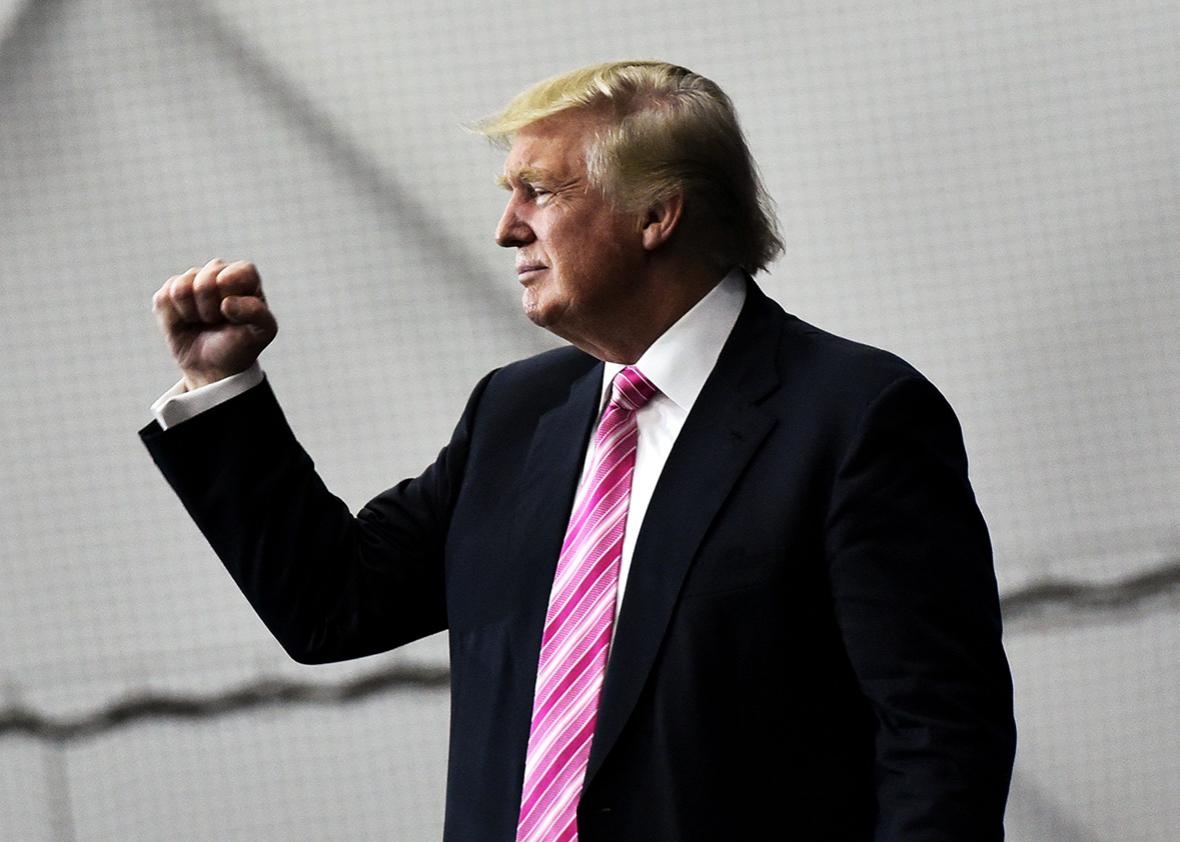 Republican presidential nominee Donald Trump gestures following a rally at Spooky Nook Sports center in Manheim, Pennsylvania on October 1, 2016. 