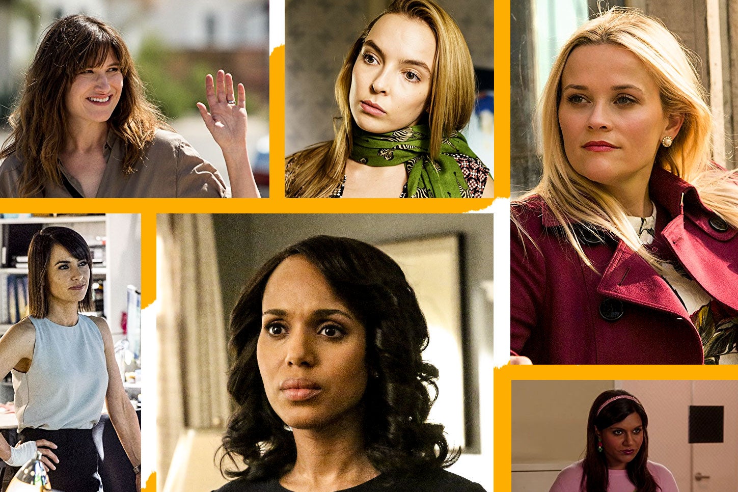 A collage of female characters from I Love Dick, Killing Eve, Big Little Lies, UnREAL, Scandal,  and The Mindy Project.