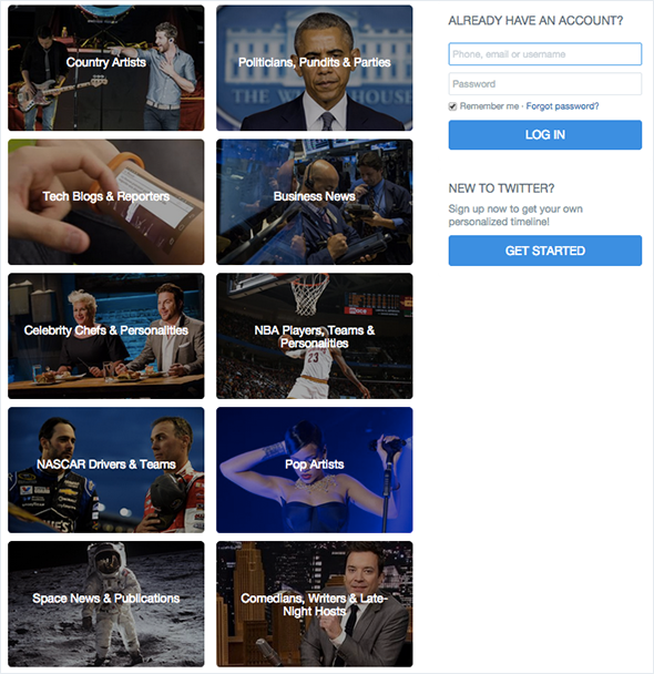 Another view of Twitter's new home page, which hopes to engage logged out visitors who aren't interested in creating their own, personalized feeds.