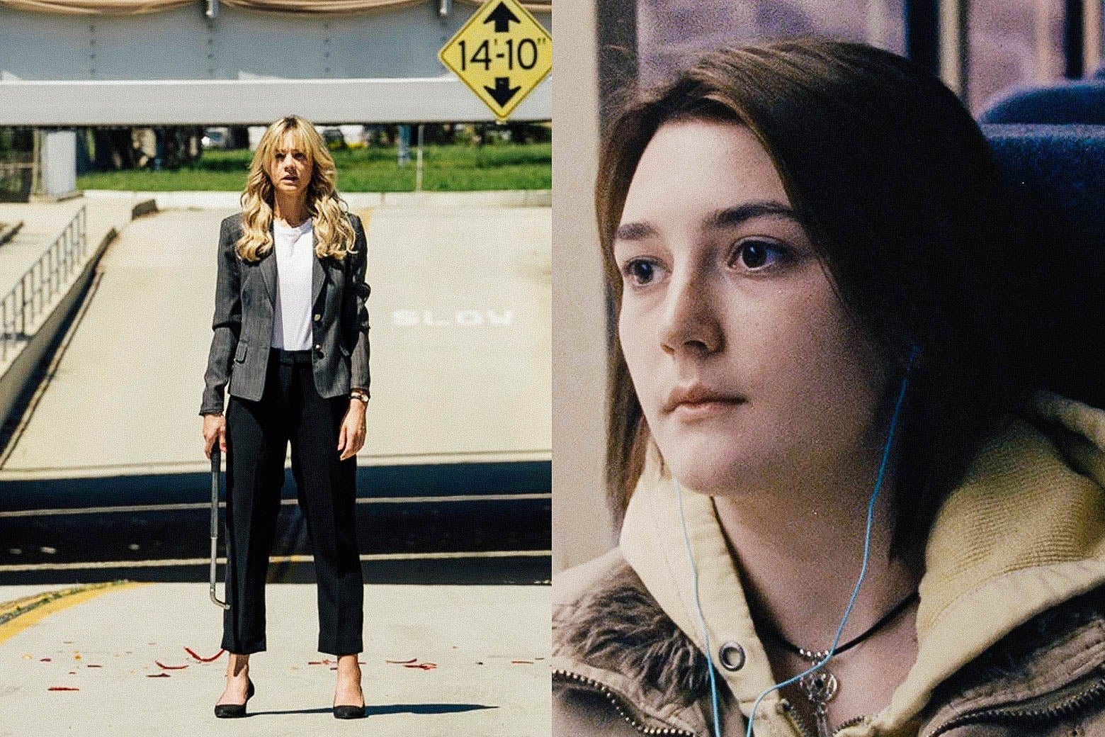 Left: Carey Mulligan stands holding a metal stick. Right: a close-up of Sidney Flanigan wearing earbuds on a train or bus.