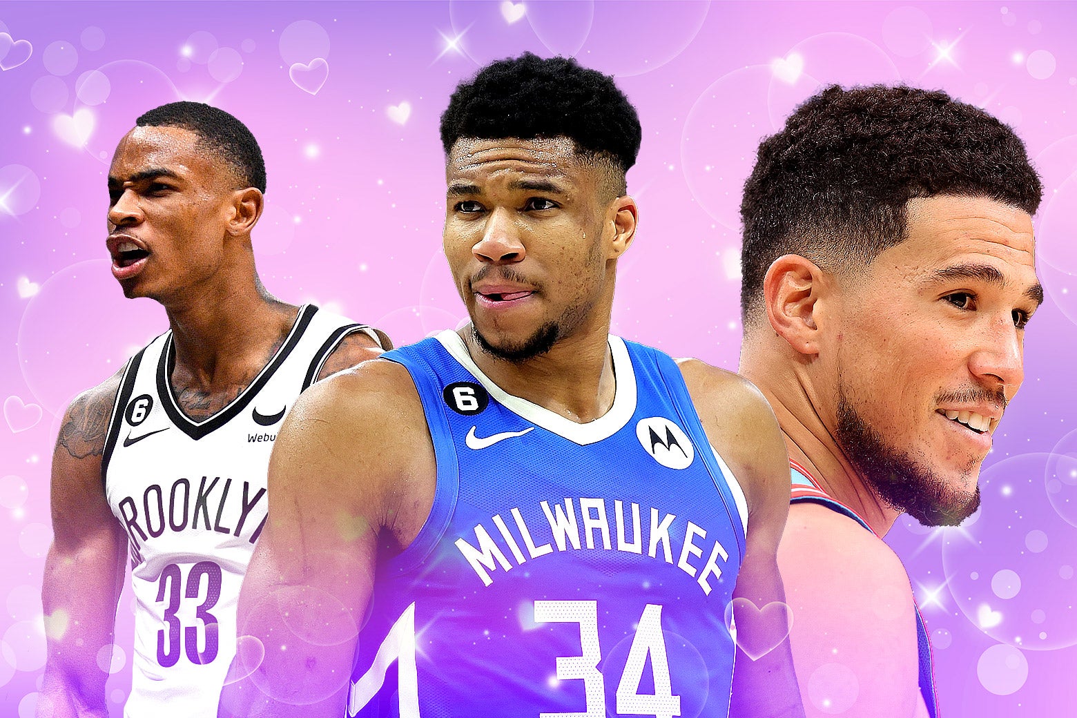 Beautiful NBA players over a purple-heart background.