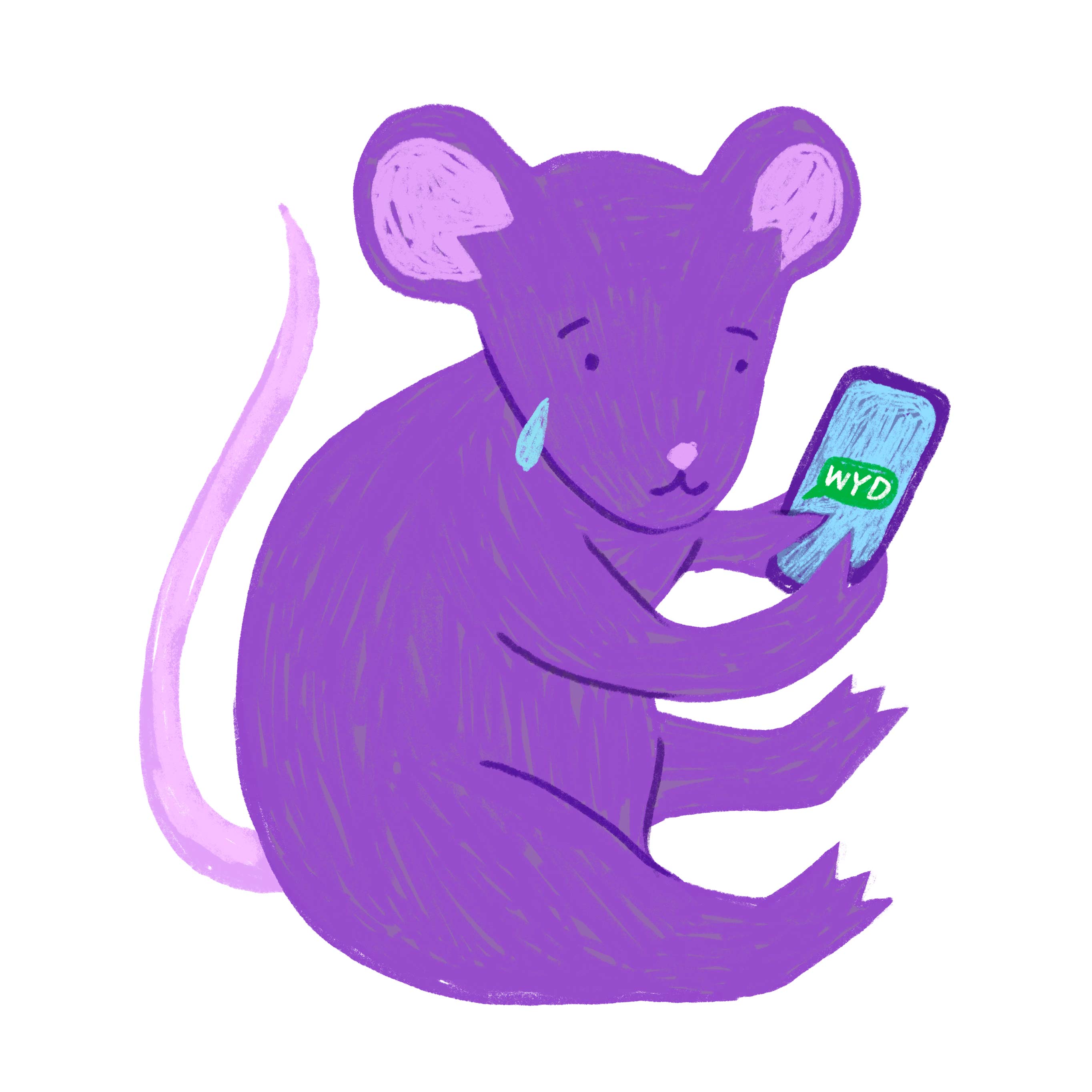 A purple rat cries while texting.