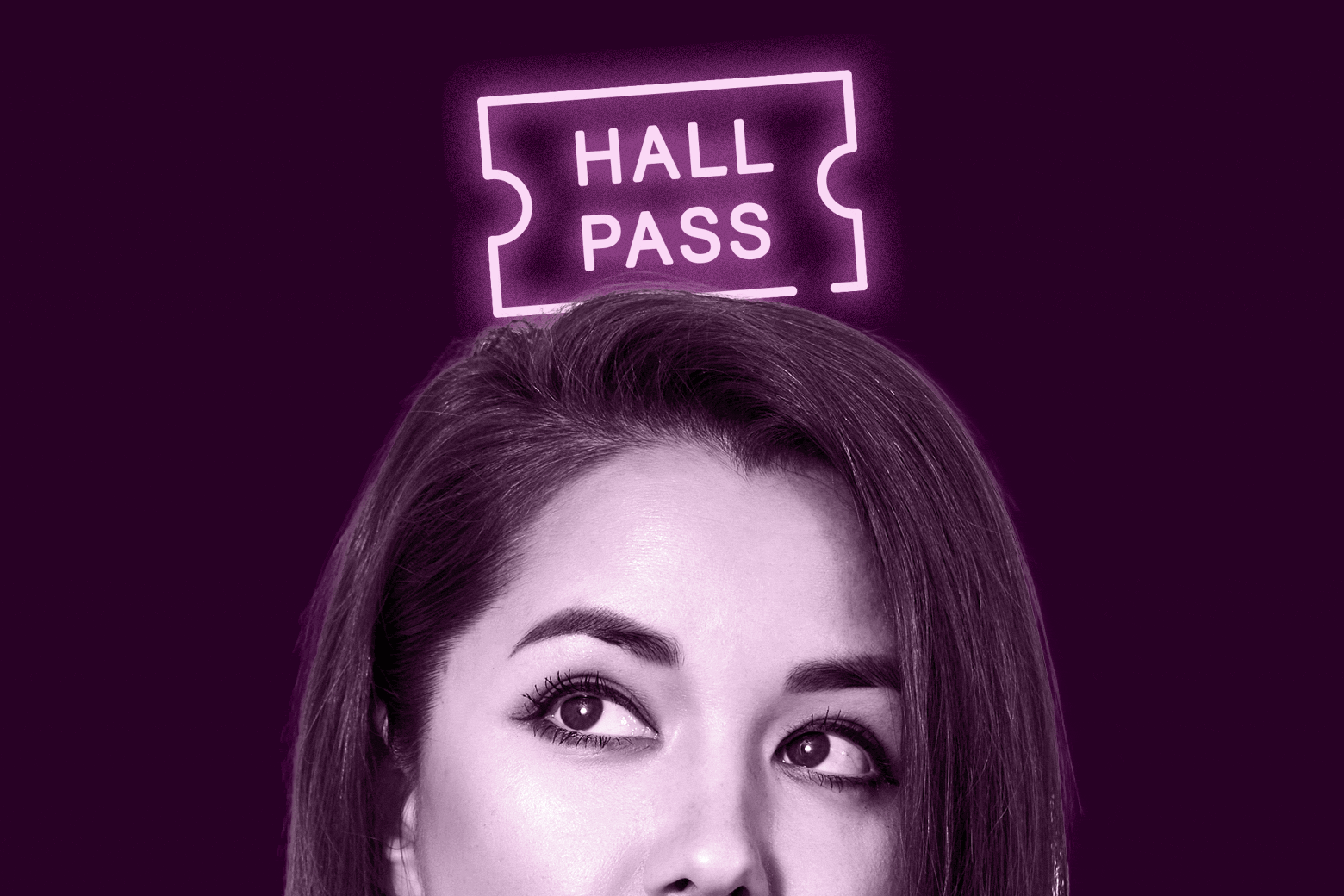 Woman looking up pensively with a hall pass sign floating above her head.