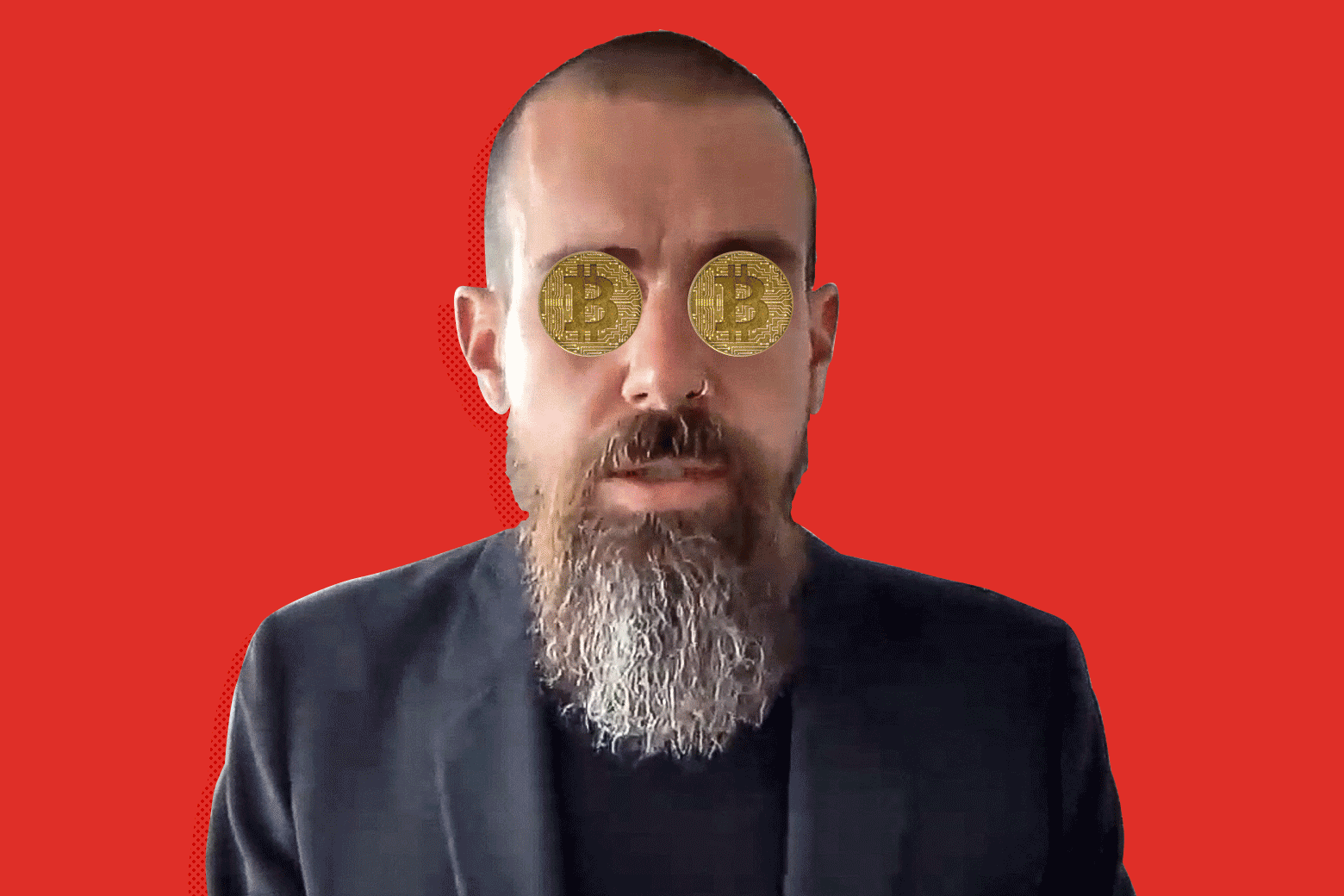 Animation of Jack Dorsey with Bitcoins over his eyes that change into red laser eyes
