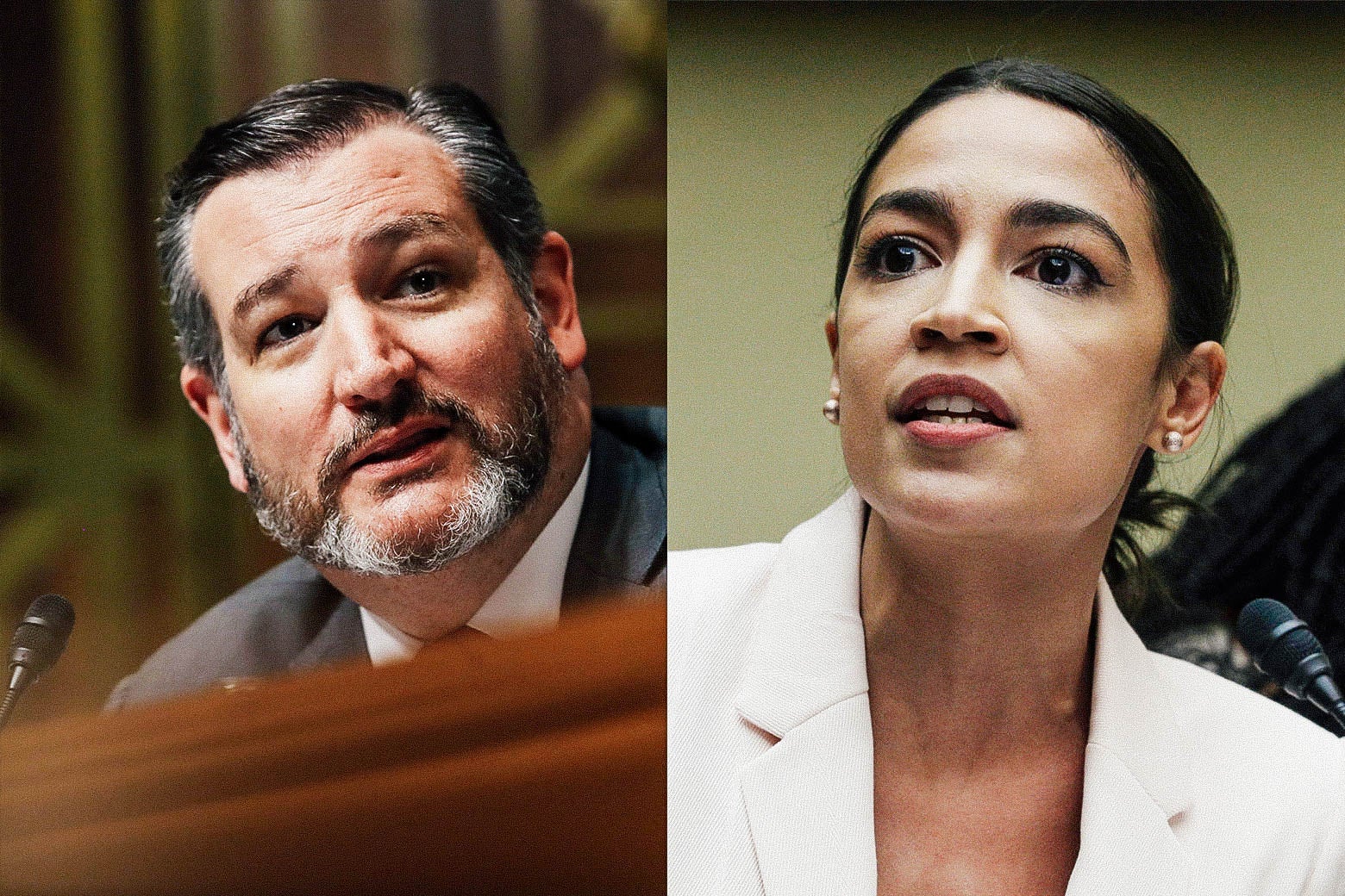 A diptych: On one side, Ted Cruz, with a beard, speaks into a microphone. On the other, Alexandria Ocasio-Cortez speaks into a microphone.