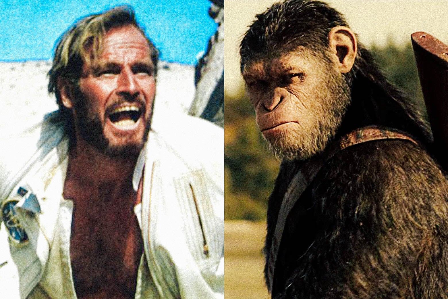 Side by side photos of Charlton Heston in Planet of the Apes and Caesar, the ape, in War for the Planet of the Apes.