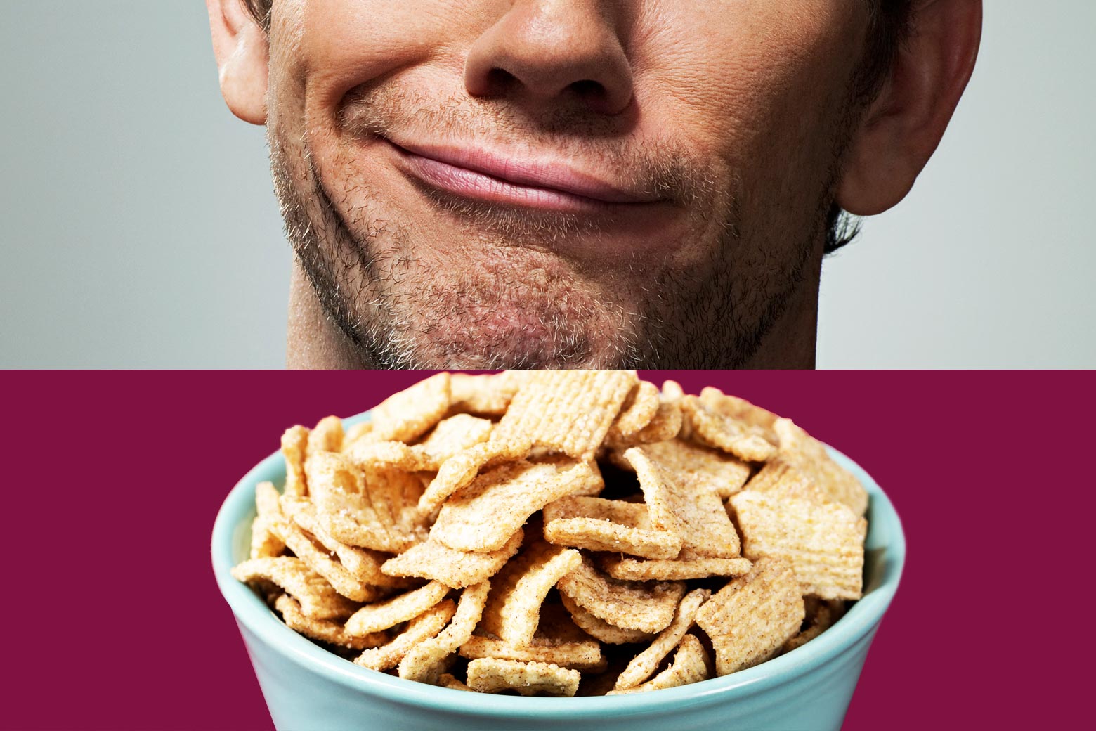 Top: a guy's mouth looking skeptical. Bottom: a bowl of cereal.