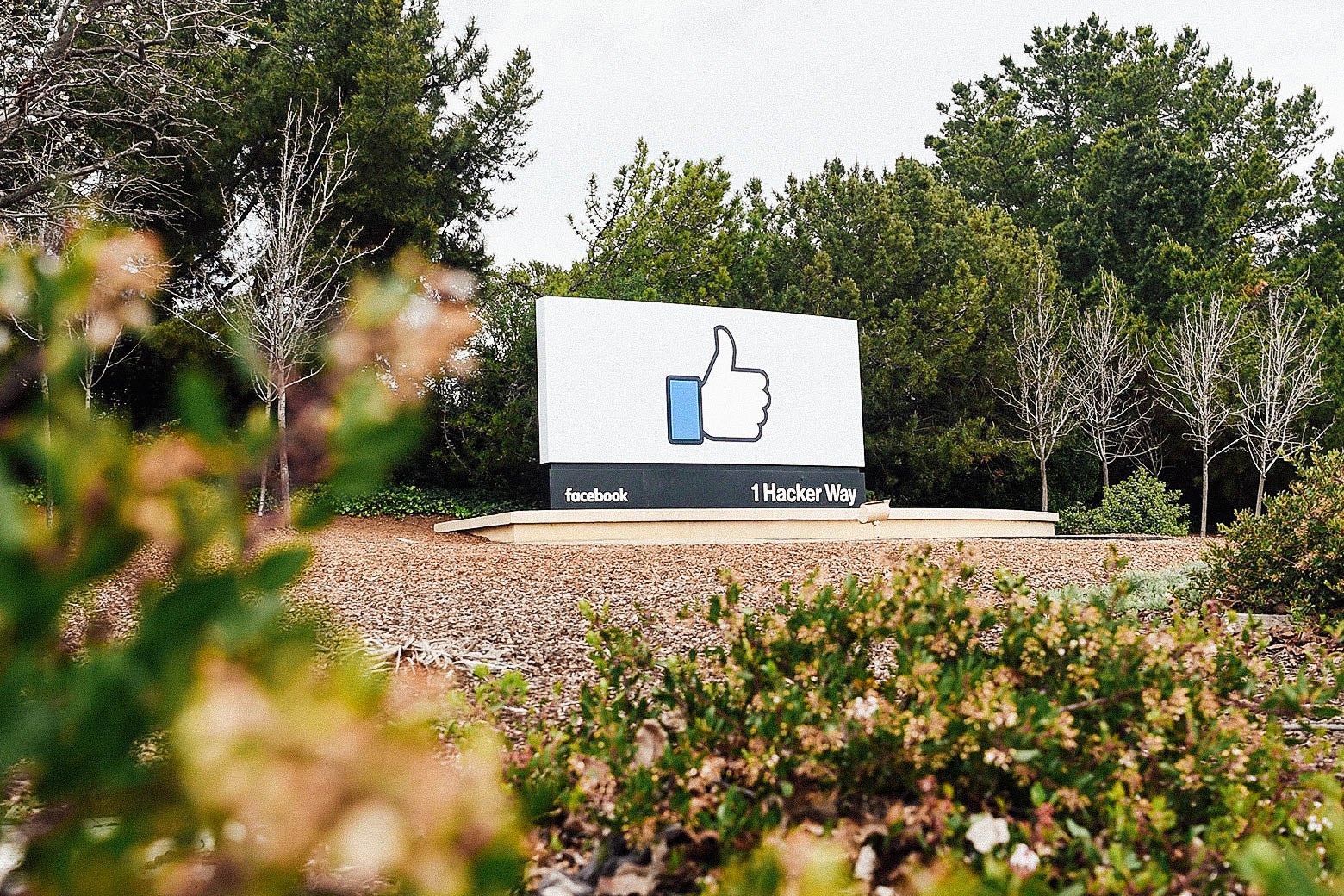 A sign with a Facebook-style thumbs-up is seen at the entrance to Facebook's corporate headquarters.