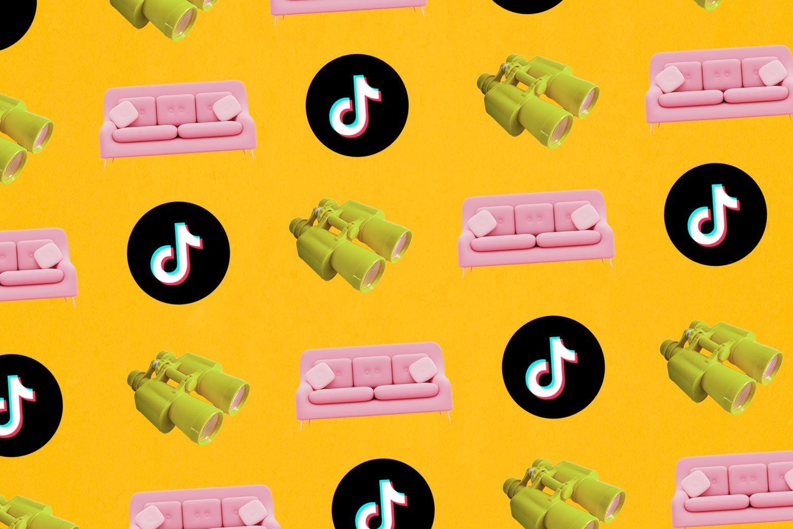 A collage of a sofa, the TikTok logo, and binoculars.