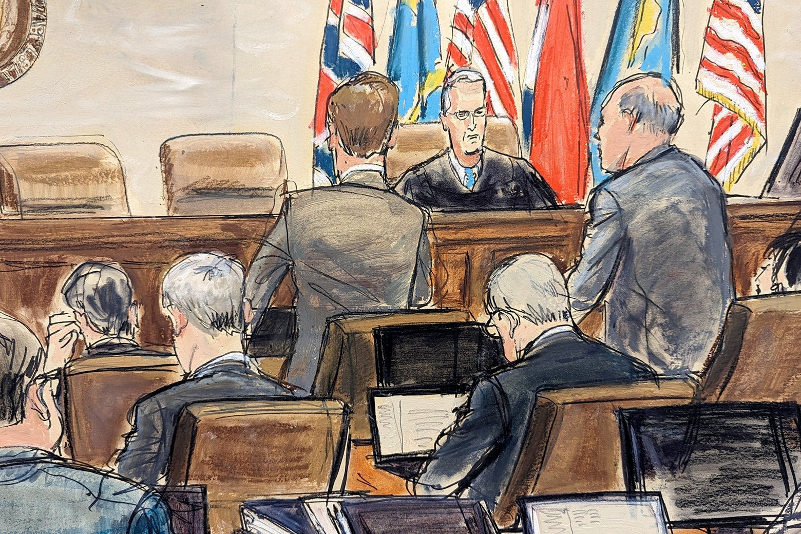 This artist sketch depicts Dominion Voting Systems attorney Justin Nelson, standing left, and Fox News attorney Daniel Webb, standing at right, speaking to Judge Eric Davis before finishing jury selection in Delaware Superior Court Tuesday, April 18, 2023, in Wilmington, Del. 