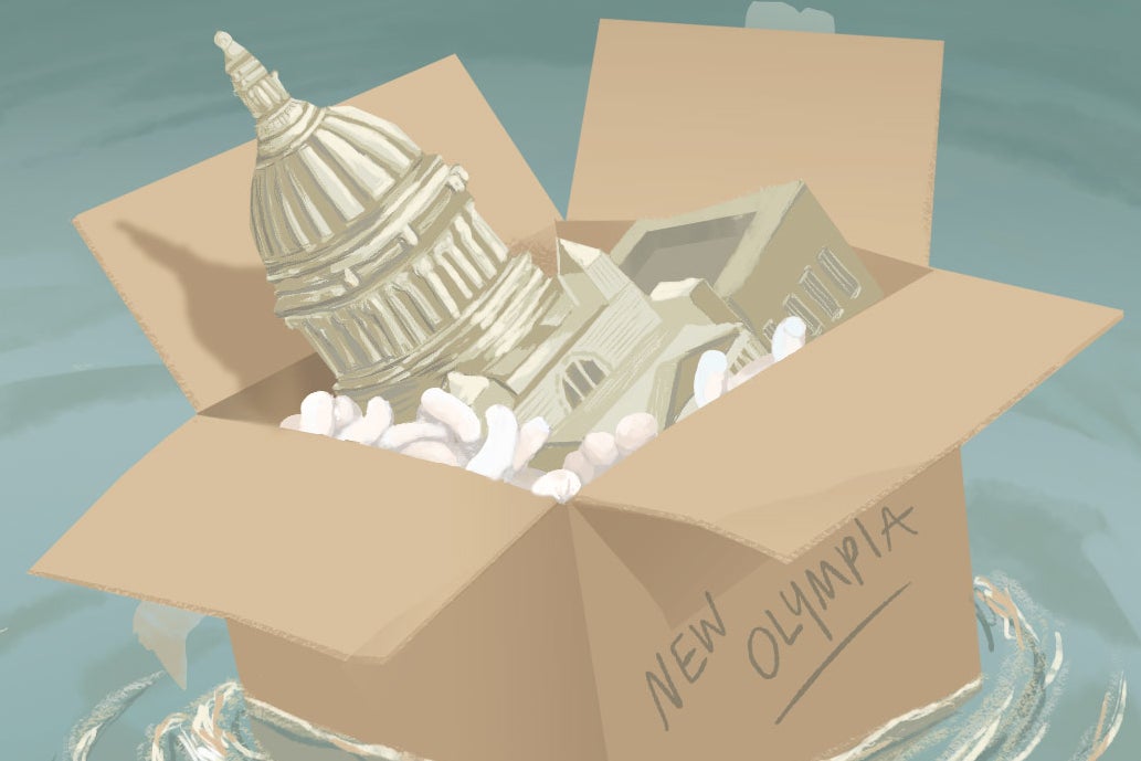 A cardboard box that says New Olympia on it, with a capitol building inside, floating at sea.