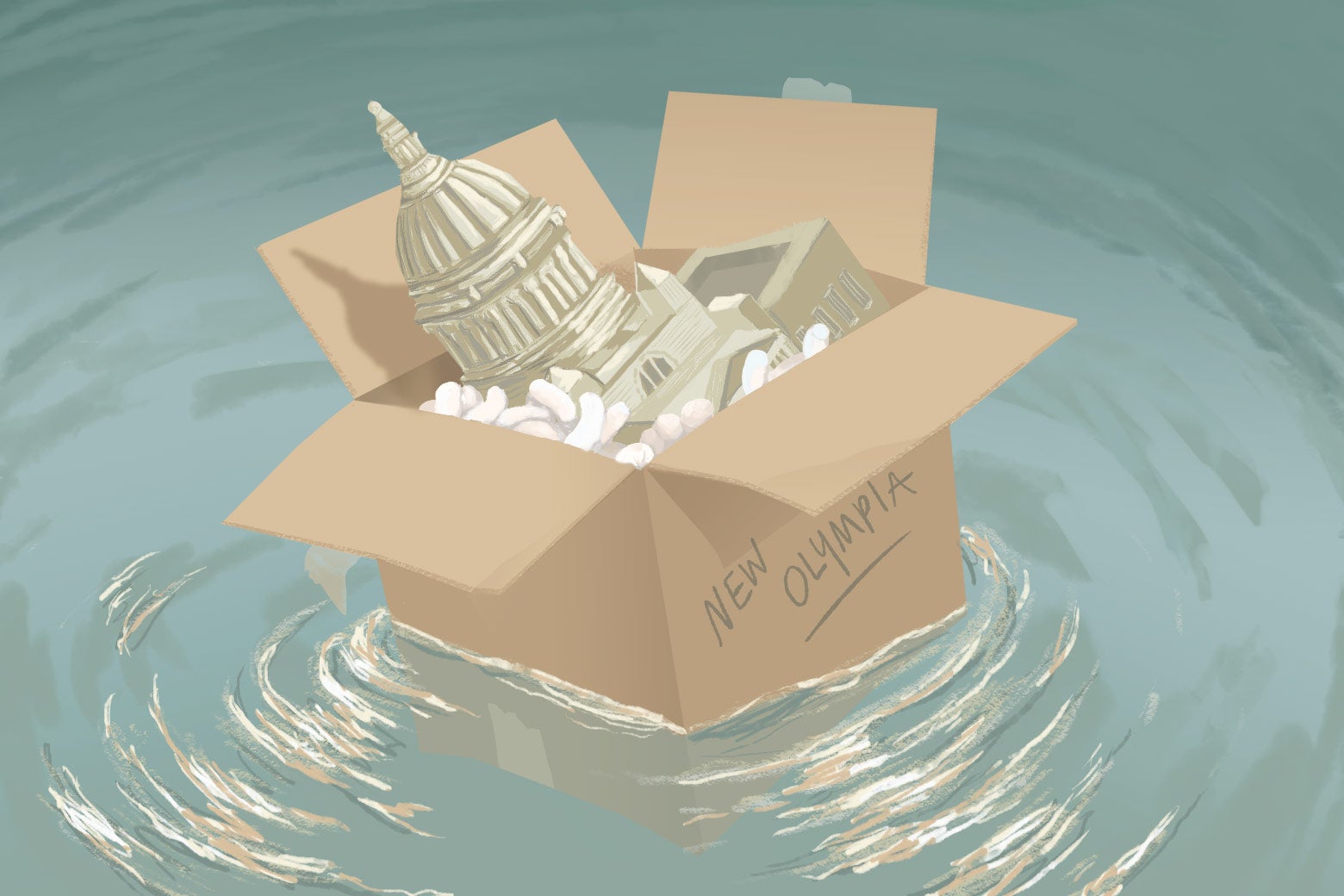 A cardboard box labeled New Olympia and filled with packing peanuts and a model of a state capitol floats in water