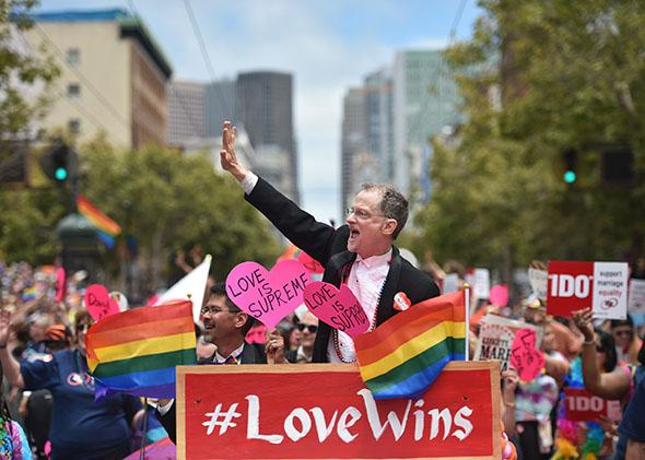 Same-sex marriage supporters celebrate the Supreme Court's ruling in Obergefell v. Hodges during the annual Gay Pride Parade in San Francisco on June 28, 2015.