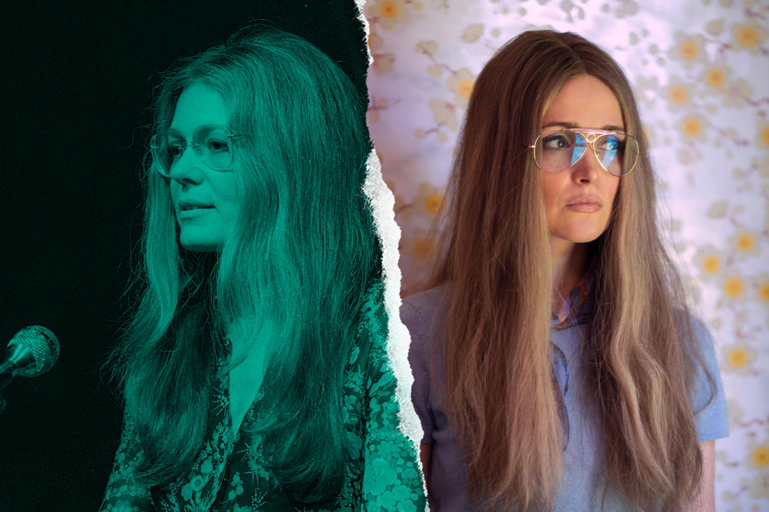A side-by-side of both women, looking strikingly similar in long hair with their hair parted down the middle
