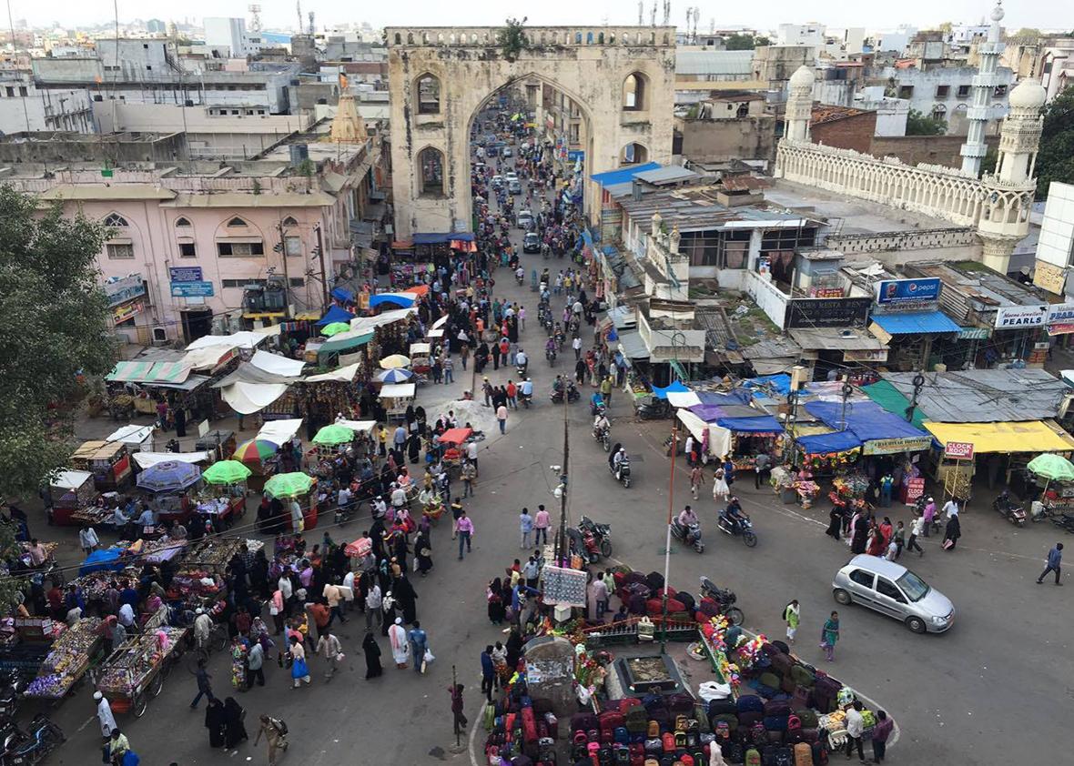 View over the main Pearl Market of Hyderabad, located beside one of the four historic gates leading into the Old City. 