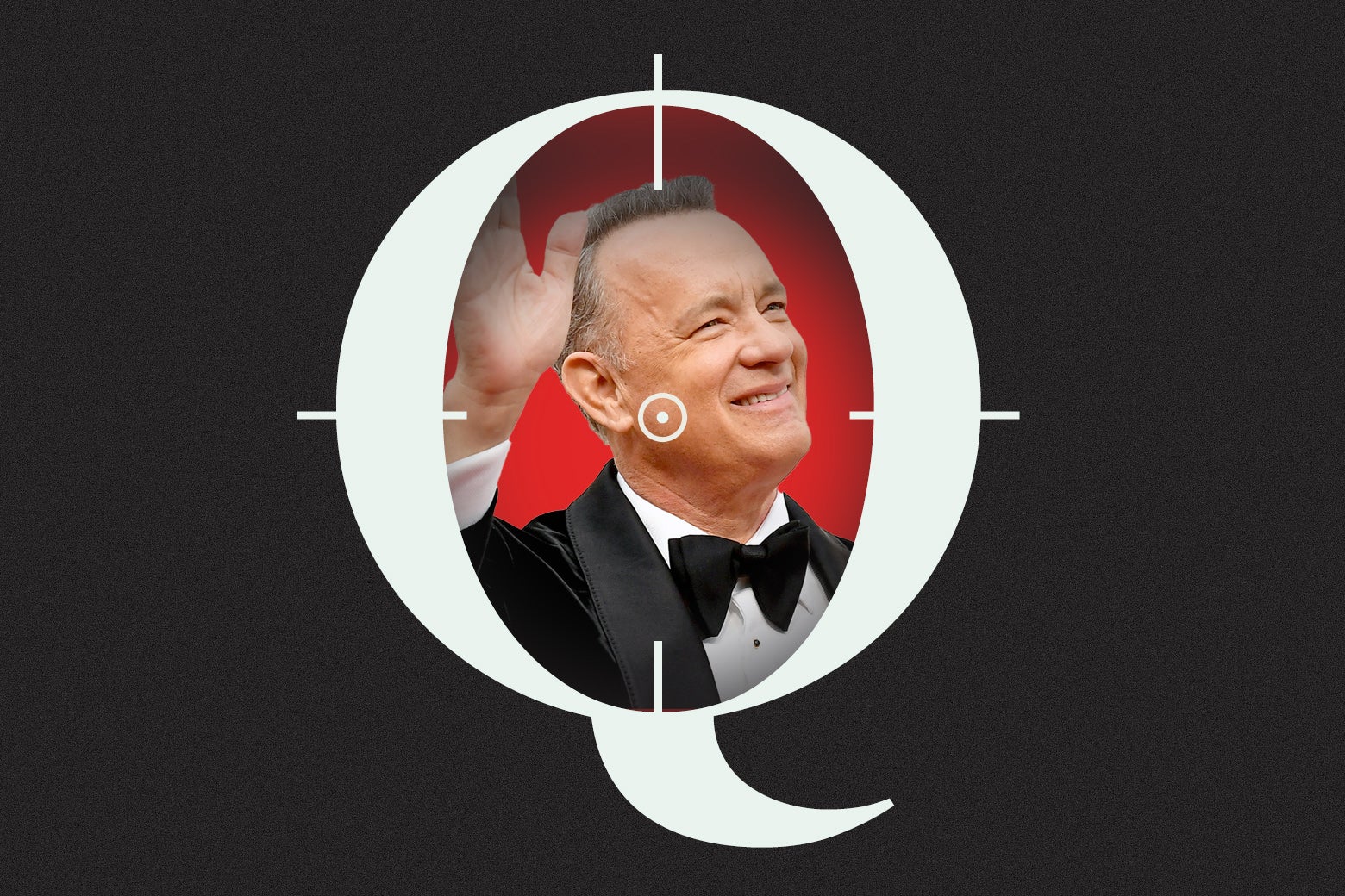 Tom Hanks in a bow tie with a Q and a target over his face.