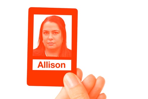An illustration of a card in the style of the "Guess Who?" game that features Allison Greenfield's face.