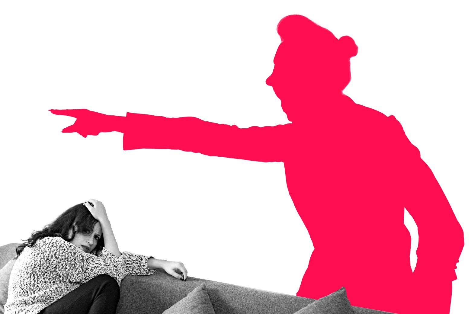 A woman cowering on a couch with the silhouette of an older woman shouting.