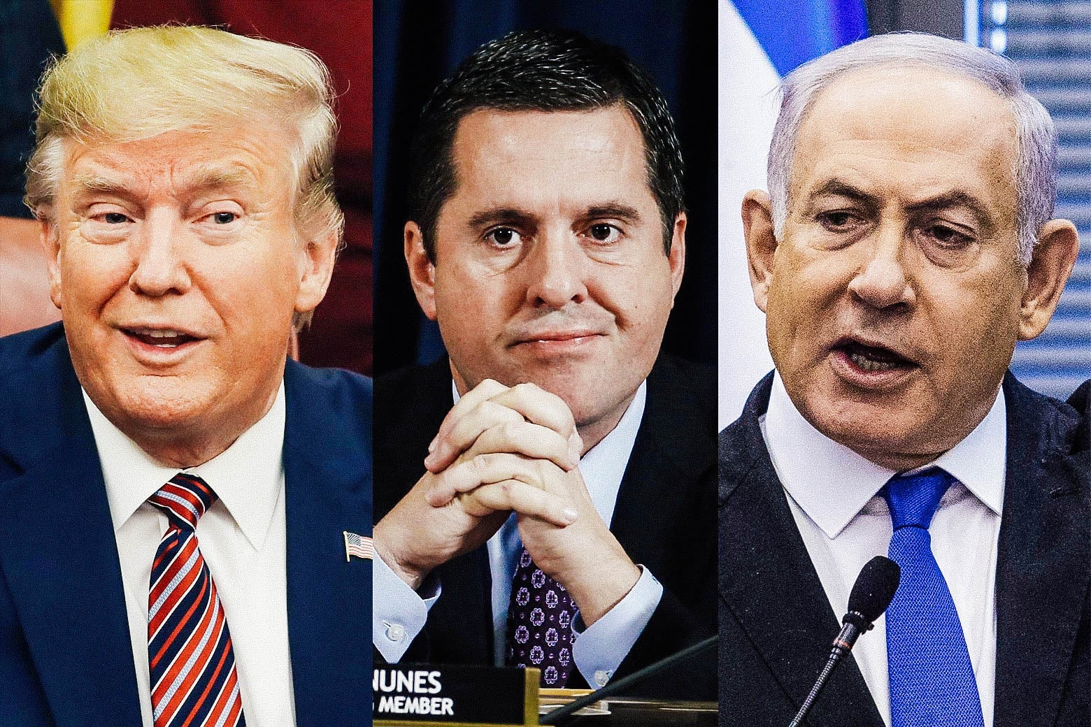 Triptych of Donald Trump, Devin Nunes, and Benjamin Netanyahu.