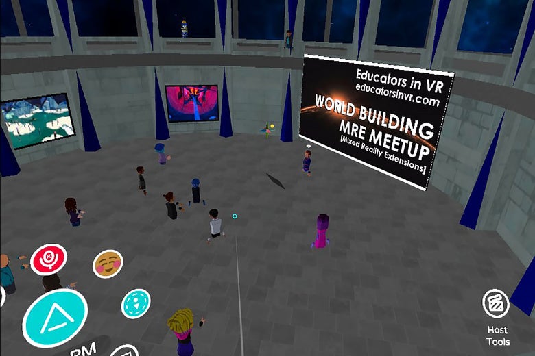 A virtual reality room filled with avatars and displaying a screen advertising an Educators in VR meetup