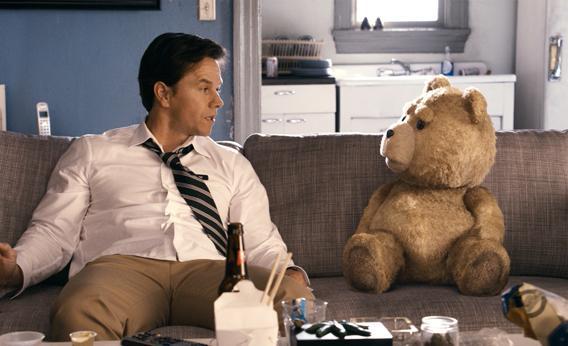 John (Mark Wahlberg) hangs out with his best friend Ted (voiced by Seth MacFarlane), inTed