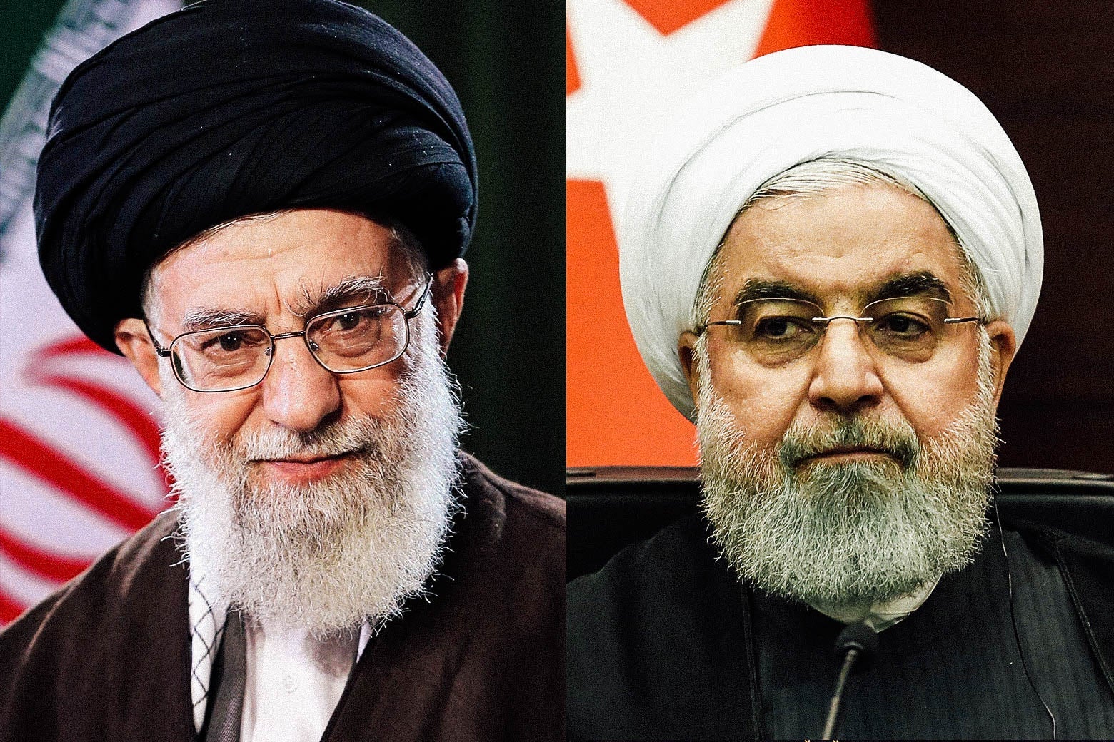 Side-by-side images of Ali Khamenei and Hassan Rouhani