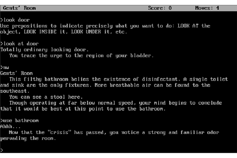 A screenshot from Leather Goddesses of Phobos, demonstrating that the player can pee.