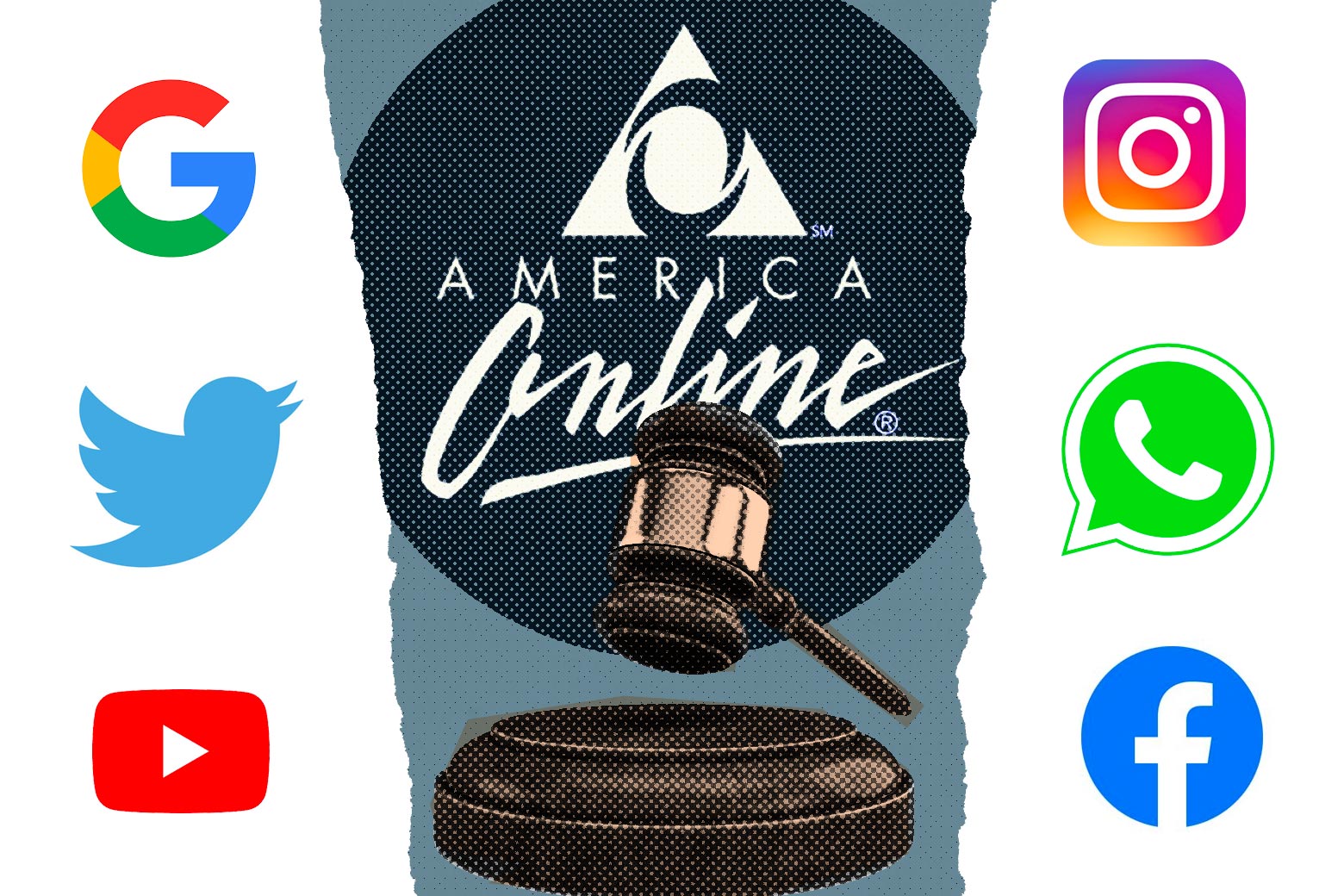 The American Online logo is seen in the center, above a judge's gavel. The Google, Twitter, and YouTube logos are seen on the left side, and the Instagram, WhatsApp, and Facebook logos are seen on the right side.