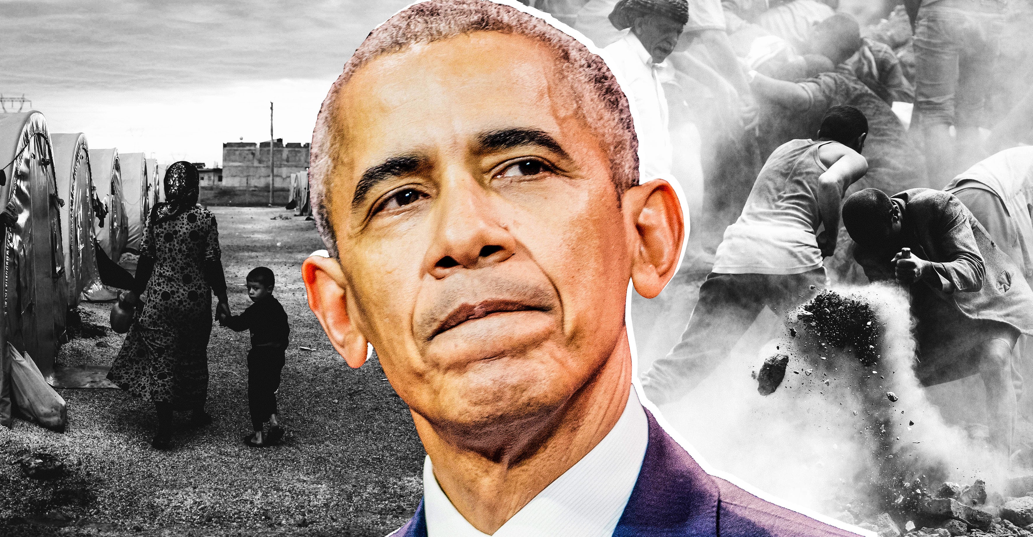 Photo illustration: The face of former President Barack Obama is superimposed on images of a conflict in the Middle East. Photo illustration by Slate. Photos by Gokhan Sahin/Getty Images, Stephane Cardinale - Corbis/Corbis via Getty Images, and Mohammed Huwais/AFP/Getty Images. 