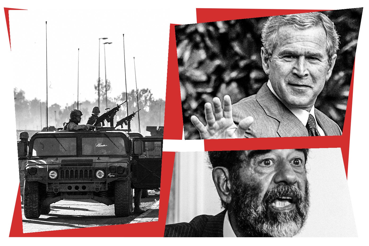 Soldiers in cars, George W. Bush, and Saddam Hussein