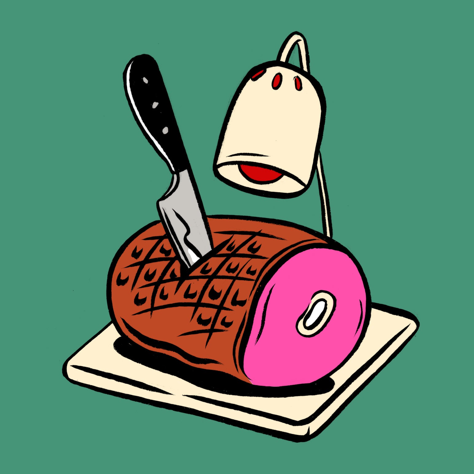 A cartoon drawing of a ham stabbed with a large knife under a buffet warming light.