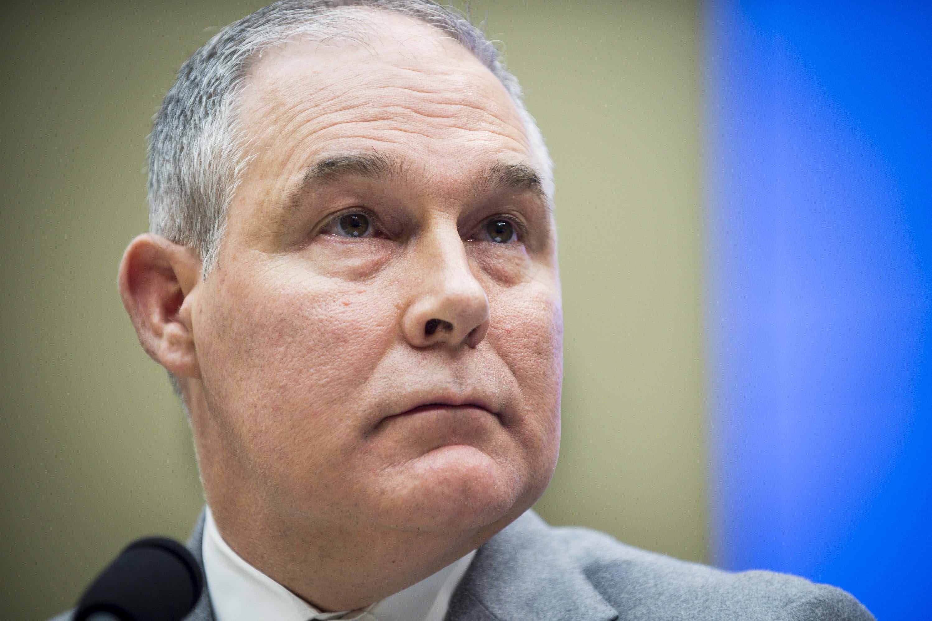 A close shot of Environmental Protection Agency Administrator Scott Pruitt's face as he testifies before a congressional committee.