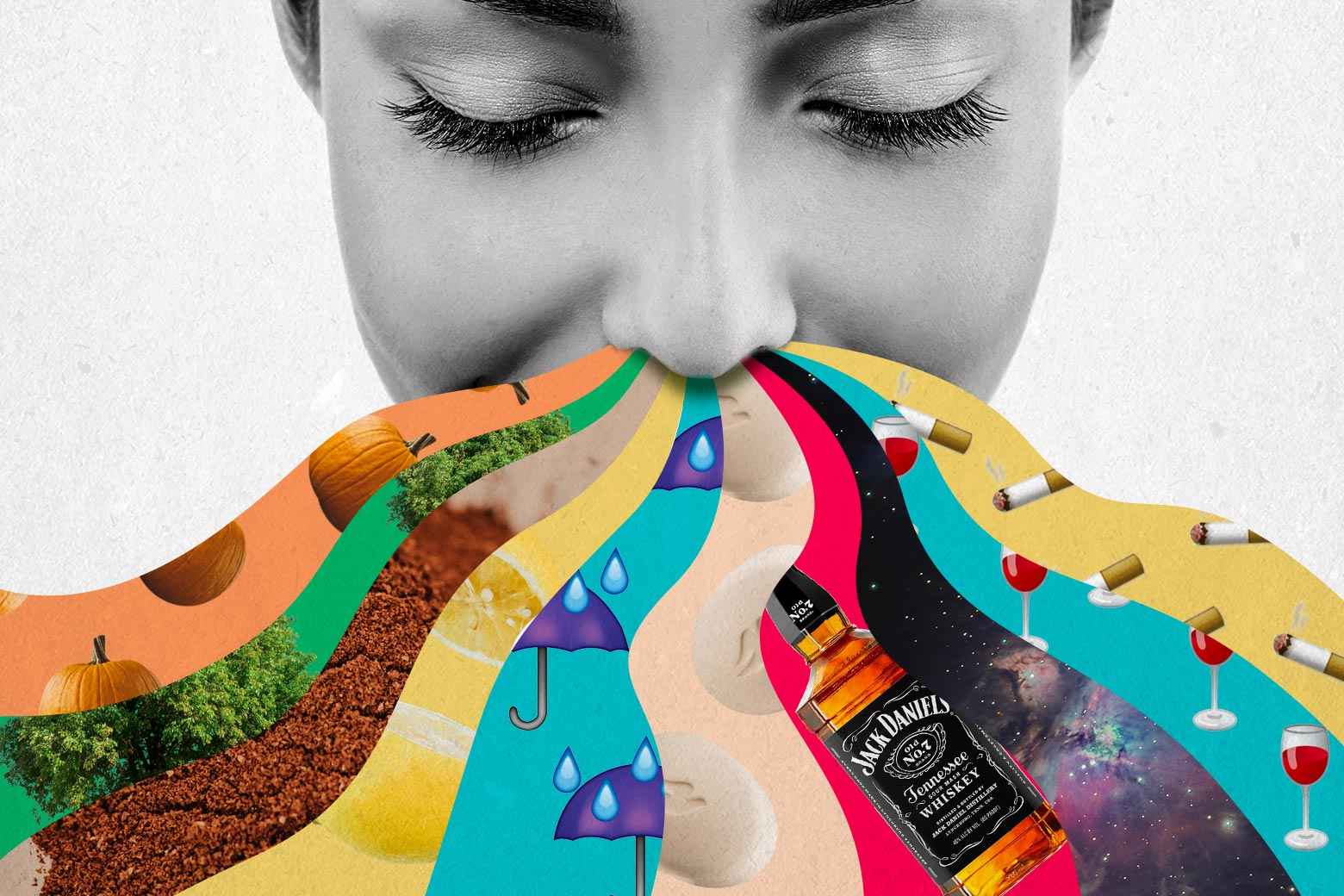 A woman inhaling scents depicted as colorful waves of pumpkins, trees, spices, lemons, umbrellas, soap, Jack Daniels whiskey, the Orion Nebula, glasses of red wine, and cigarettes.