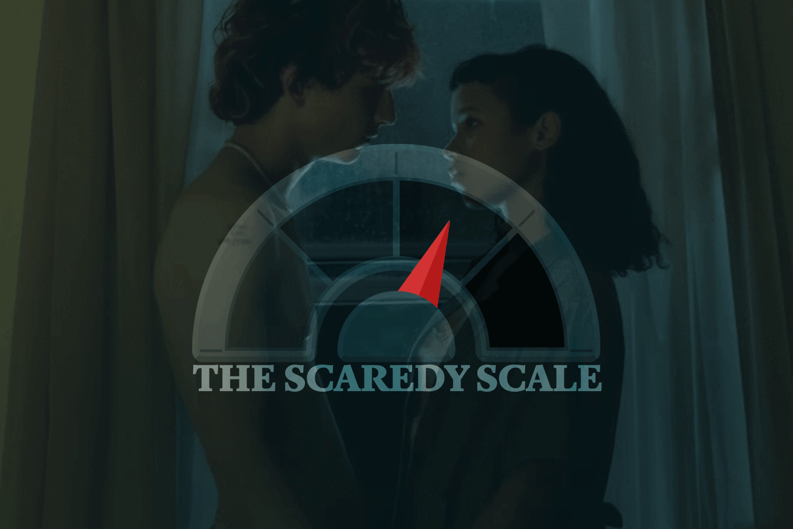 A still from Bones and All showing a shirtless Timothee Chalamet and Taylor Russell standing face to face near an open window. Over his face, an animated GIF superimposes a twitching meter and the words "The Scaredy Scale."