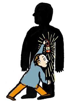 An anxious-looking person holds up a lantern and walks into a shadow of a larger person.