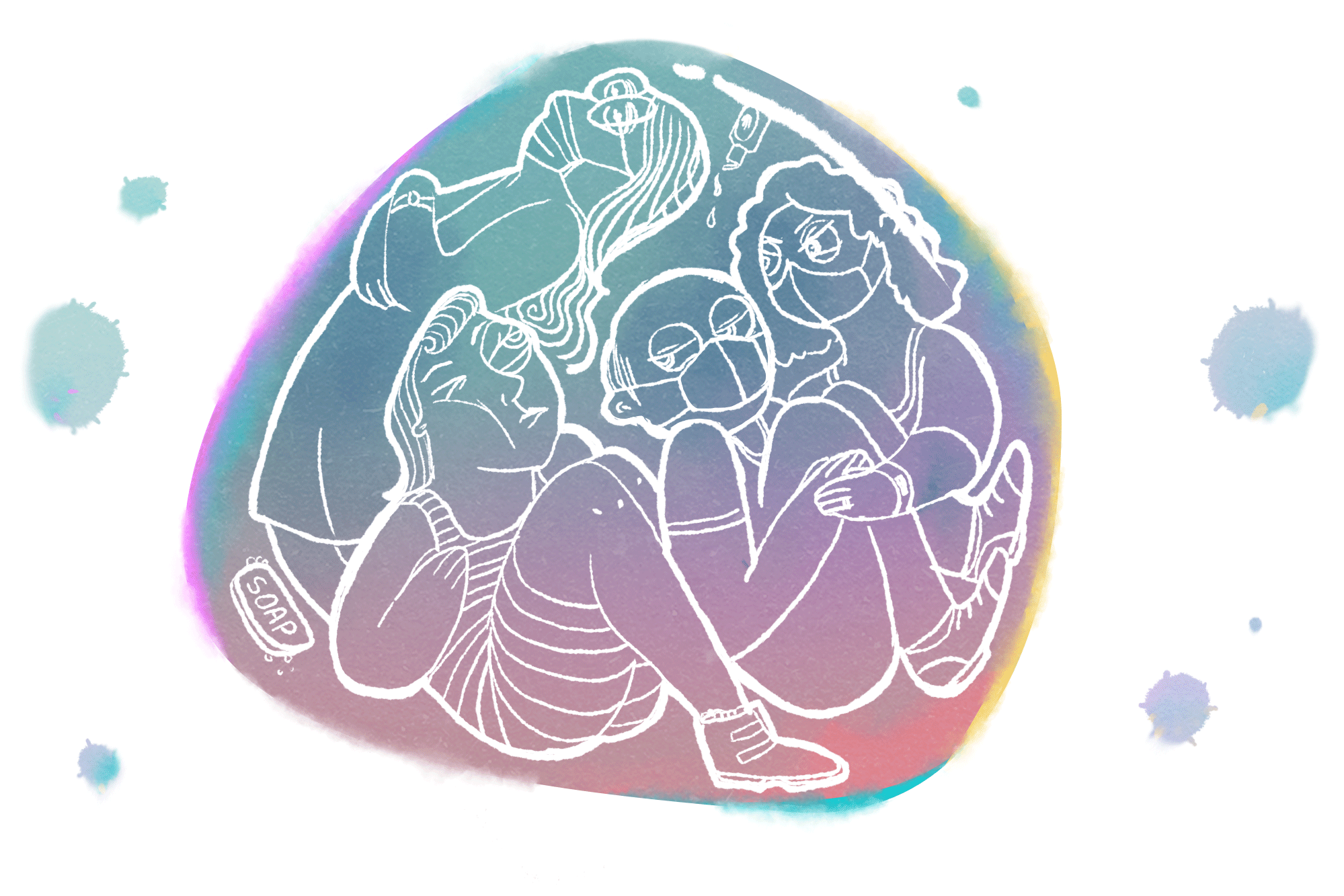 Four people illustrated crammed tightly into a bubble