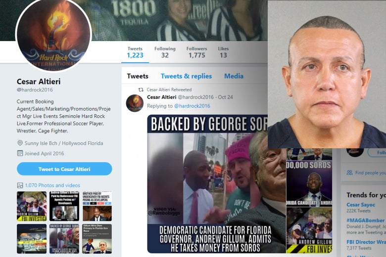 Cesar Sayoc’s Twitter page, with his mugshot in the corner.