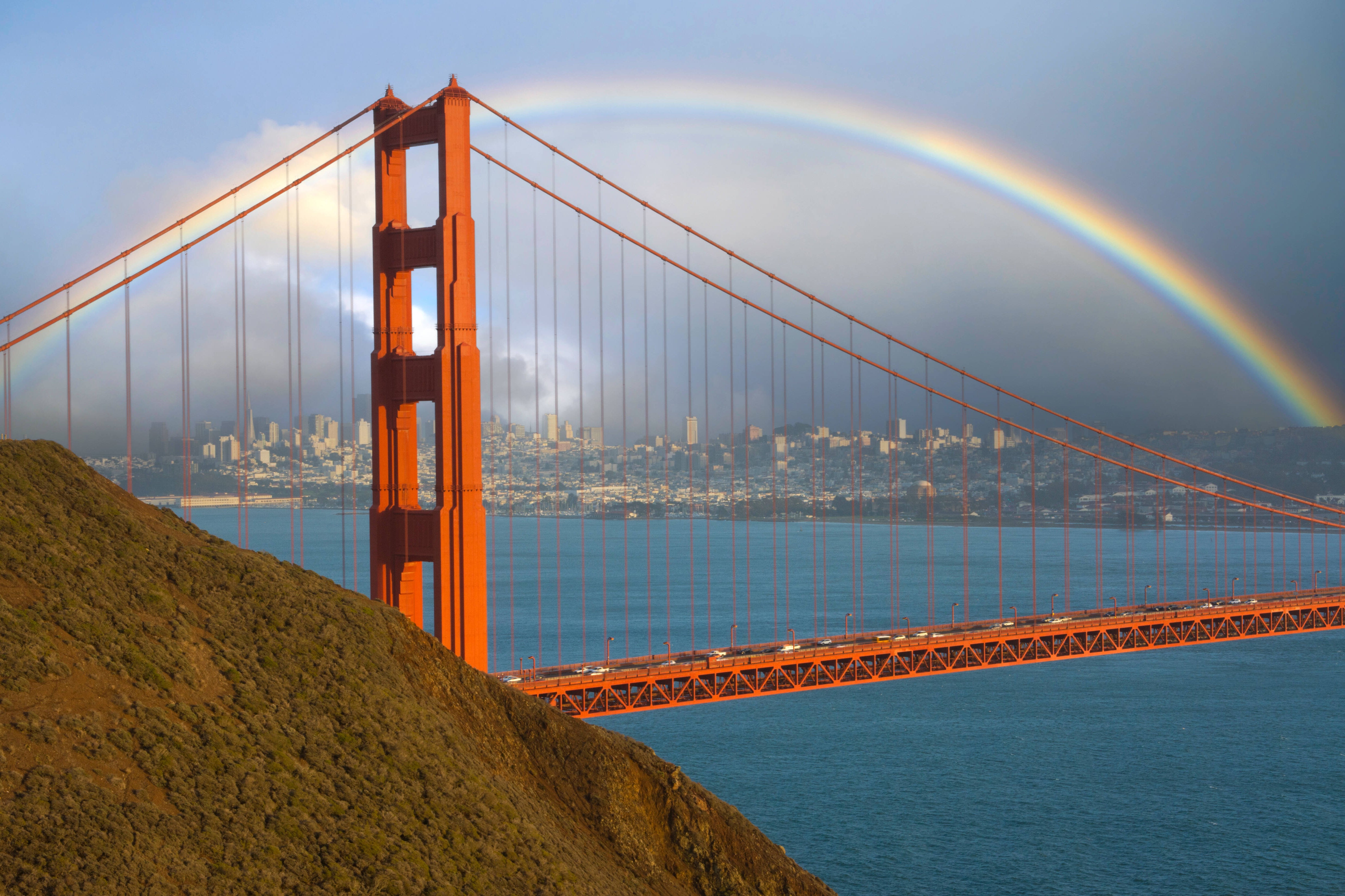 A rainbow over the Golden Gate Bridge.