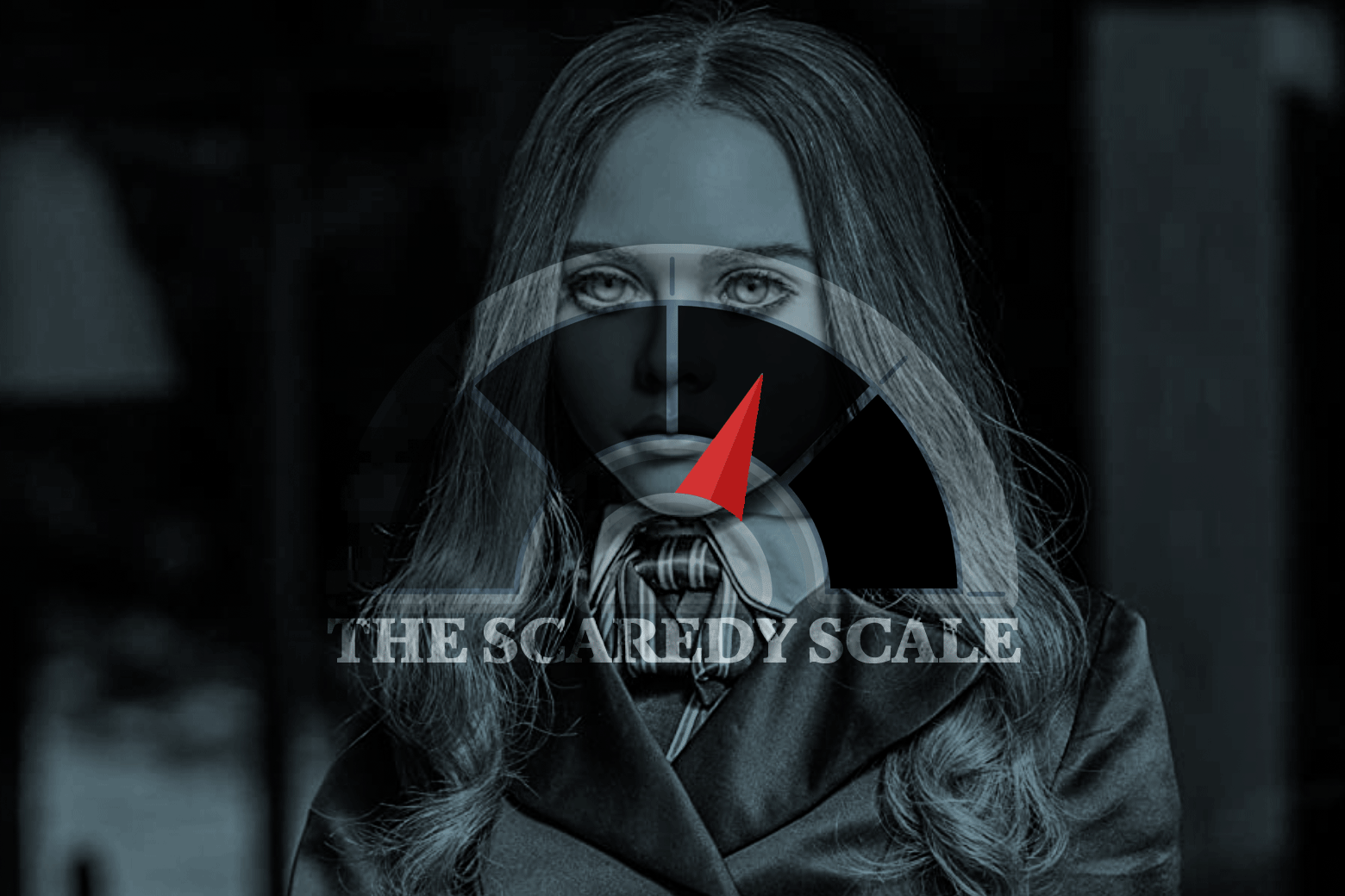 The dead eyes of a robot doll stare out from over a posh schoolgirl outfit. Photoshopped over the image, a GIF of a twitching meter with the words "The Scaredy Scale"