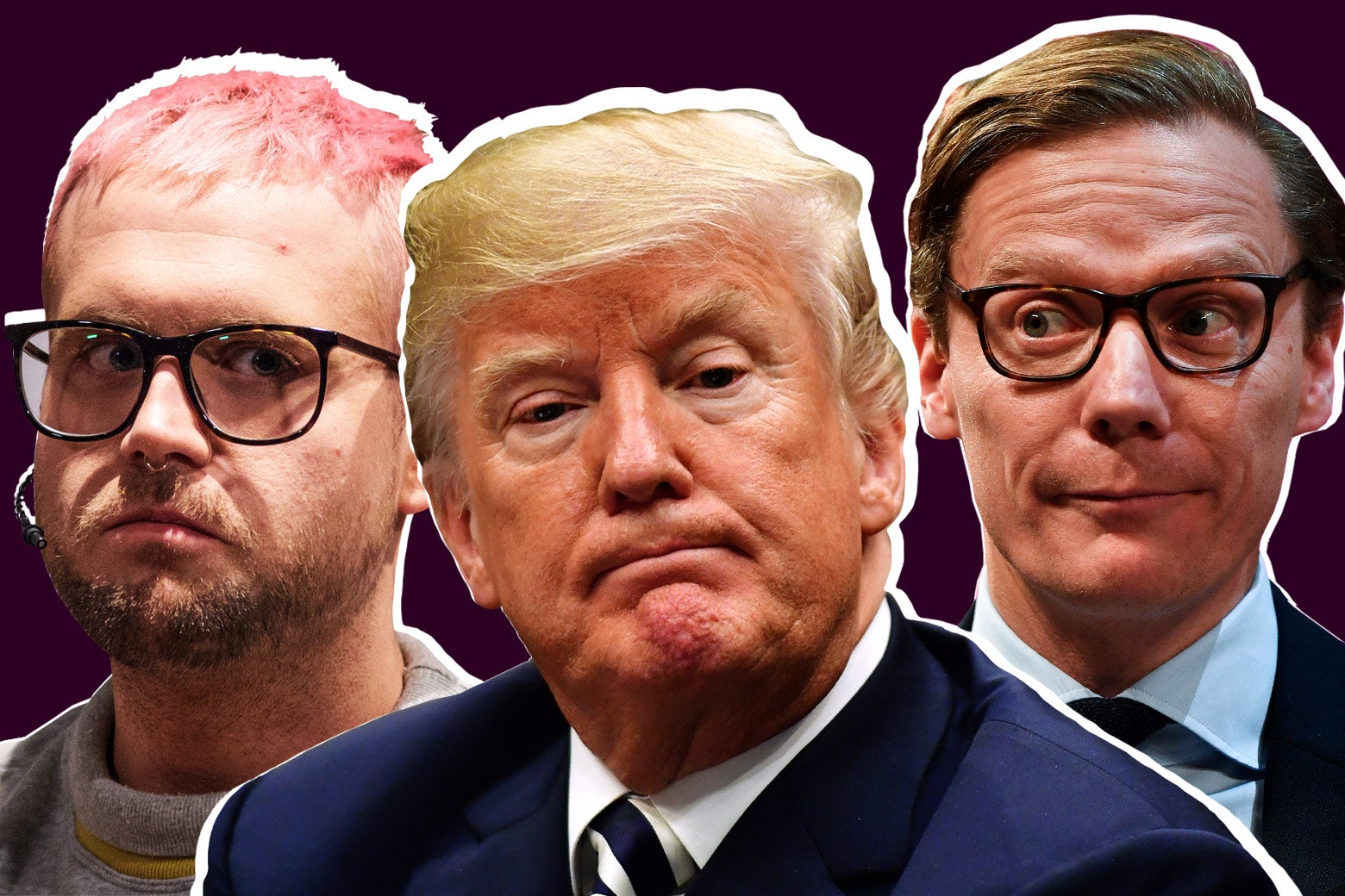 Cambridge Analytica whistleblower Christopher Wylie, US President Donald Trump, and Cambridge Analytica's chief executive officer Alexander Nix.