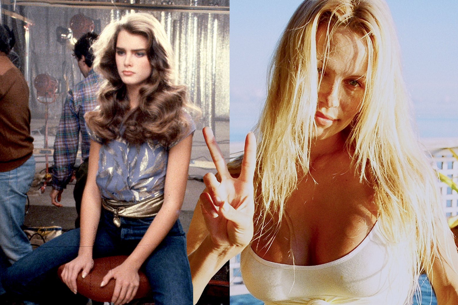 On the left a young Shields in jeans and long brown curly hair sits on a stool. On the right, Pamela Anderson in long blonde hair and a white top holds up a peace sign.