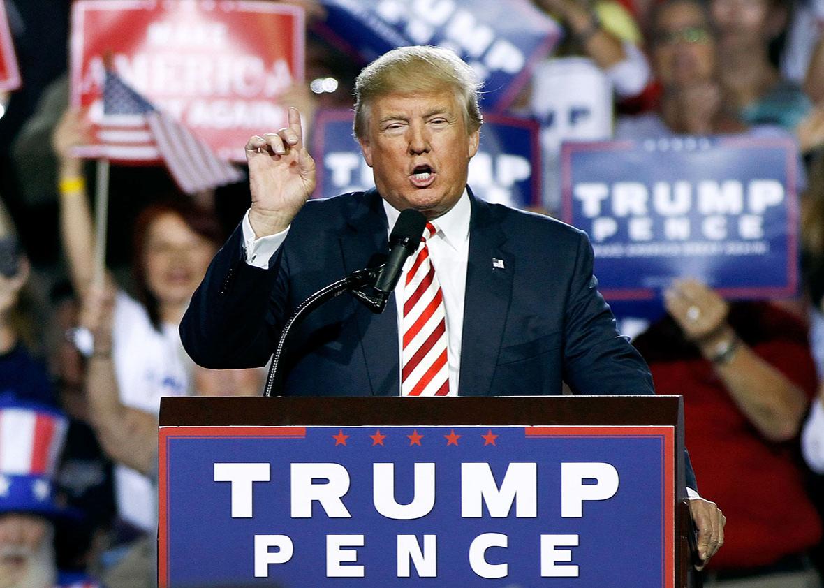 Republican presidential nominee Donald Trump speaks to a crowd of supporters during a campaign rally on October 4, 2016 in Prescott Valley, Arizona.  Trump spoke in Arizona ahead of tonights vice-presidential debate.  
