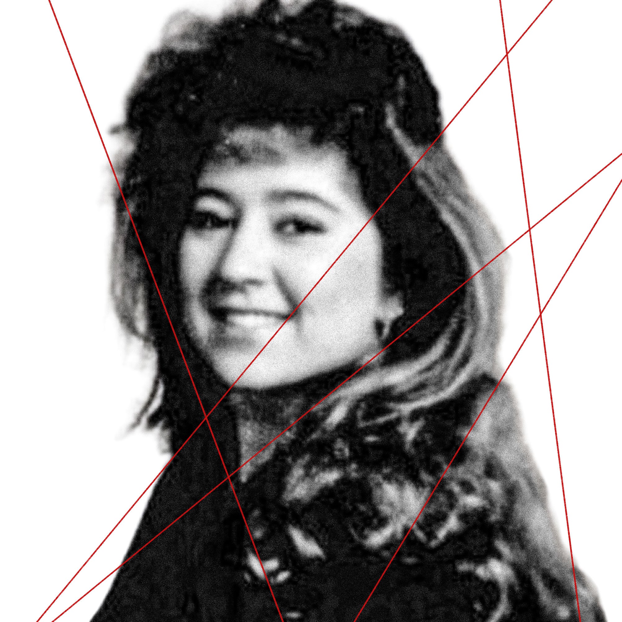 Black-and-white archival photo of a woman with big, 80s-style highlighted hair smiles, with multiple red lines slashed across the image.