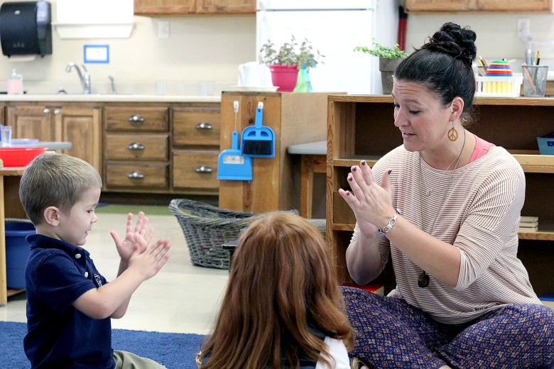 Rachel Rodriguez teaches a small-group lesson in her classroom at Hill Country Montessori in Boerne, Texas.