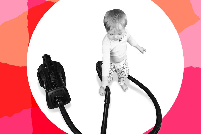 Photo illustration of a child playing with a vacuum.