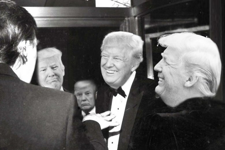 A doctored photo of Donald Trump at a party in the 1980s, altered so that all the faces are Trump.